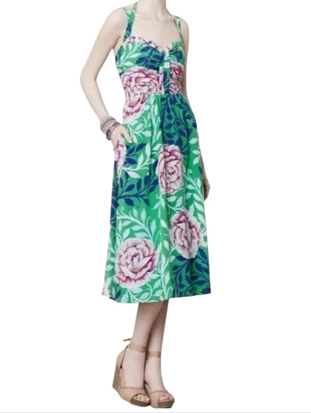 Moulinette Soeurs Green  Floral Midi Dress Anthropologie Size 2 Cottagecore